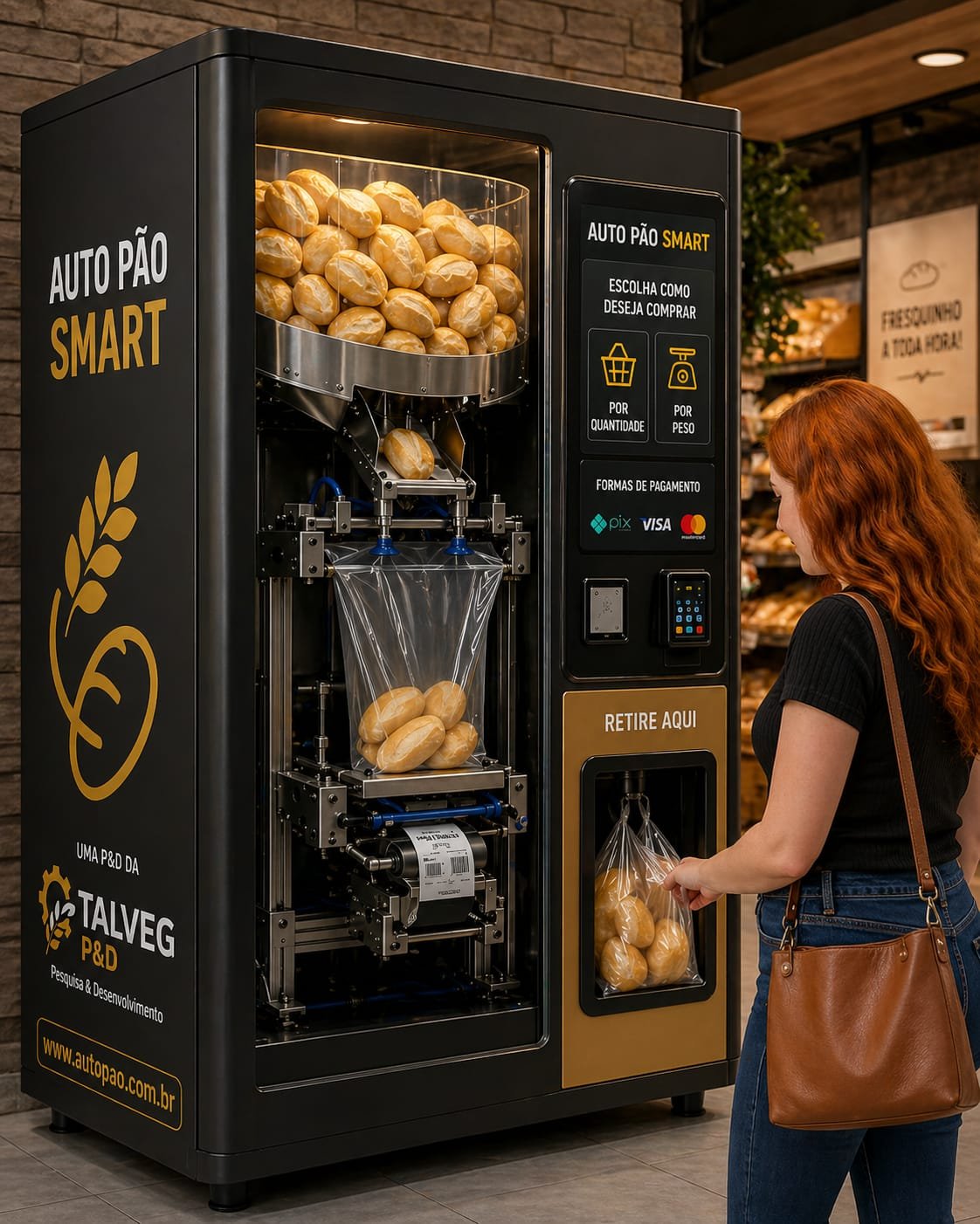 Render conceitual da AutoPão AP 3000 dispensando pão fresco embalado