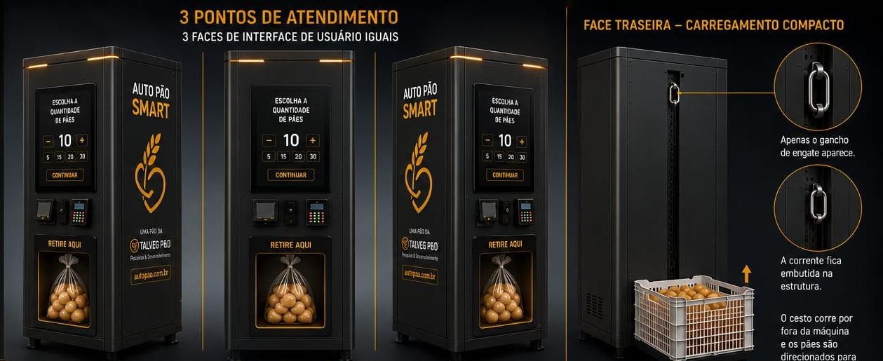 Render conceitual mostrando os 3 pontos de atendimento simultâneos e o carregamento traseiro compacto da AutoPão